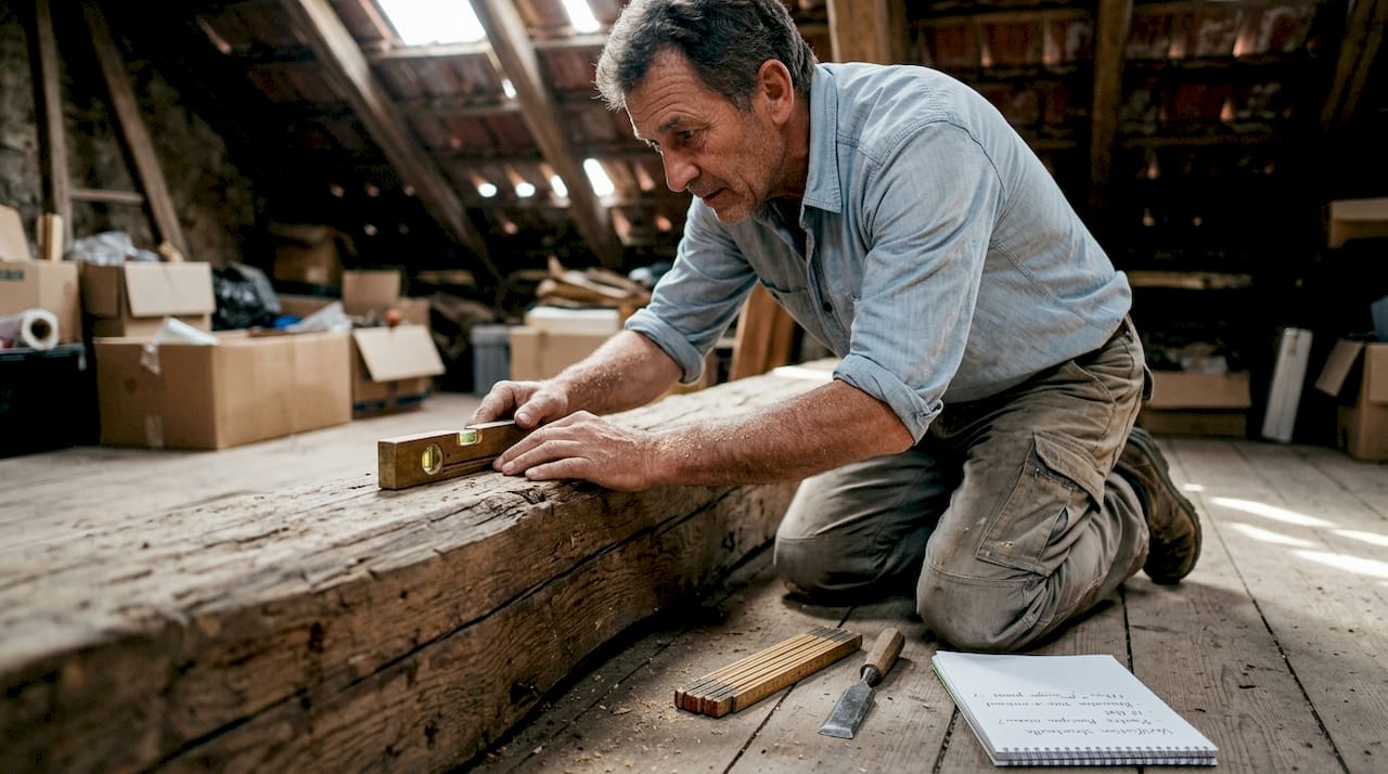 Un charpentier inspecte l’état d’une vieille poutre en bois pour s’assurer de sa solidité.