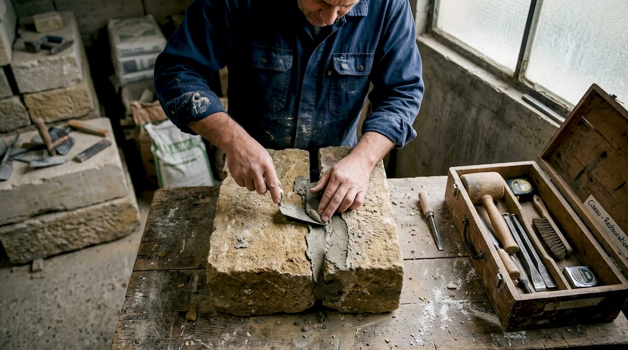 Des mains s’activent pour restaurer une pierre à l’aide de mortier et d’outils adaptés.