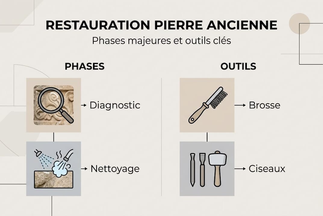 Illustration détaillée des étapes de restauration d’une pierre ancienne
