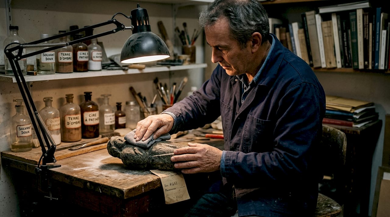 Avec délicatesse, l’artisan s’emploie à redonner tout son éclat à la pierre ancienne, en prenant soin de préserver sa patine d’origine.