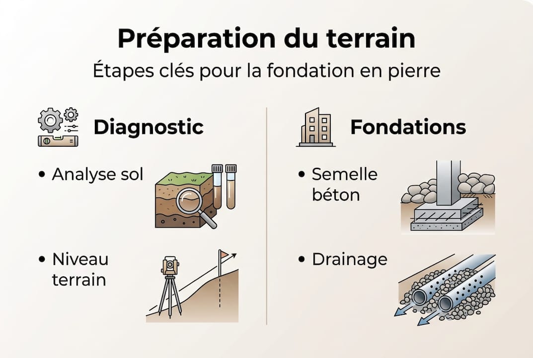 Réussir la préparation de chantier en pierre : guide complet 2 Schéma des étapes clés pour préparer des fondations en pierre