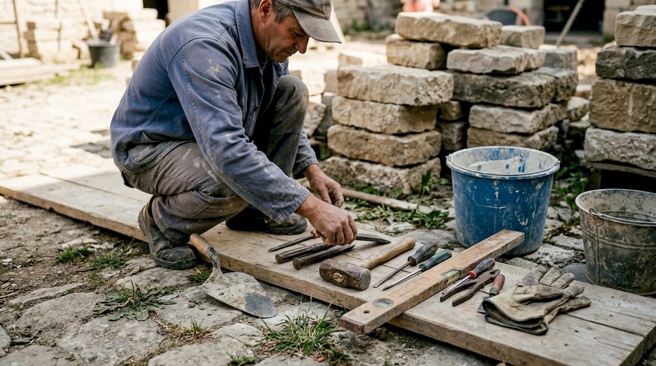Réussir la préparation de chantier en pierre : guide complet 1 Un ouvrier organise ses outils sur un chantier de construction en pierre.