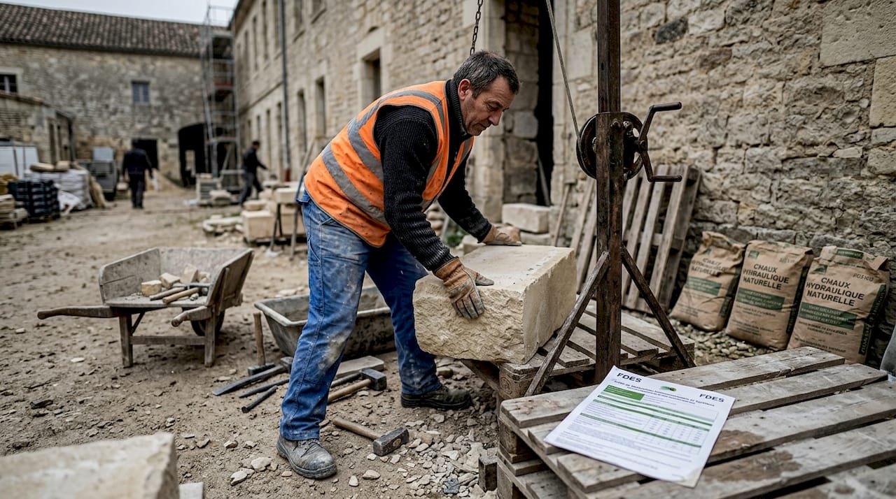 Artisan travaillant la pierre naturelle sur un chantier de restauration