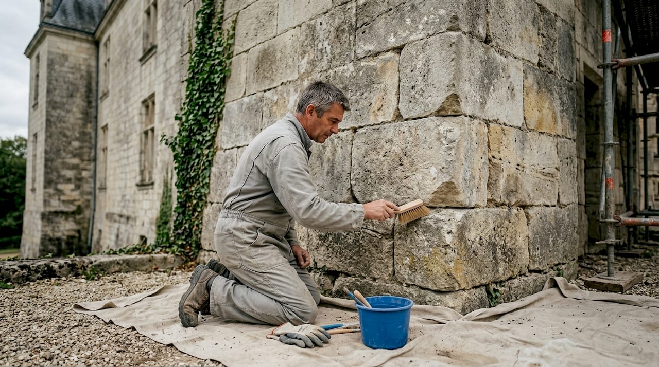 Styles en pierre : choisir la meilleure option pour la rénovation 1 Un artisan spécialisé dans la restauration s’attaque au nettoyage des pierres du château pour leur redonner tout leur éclat.