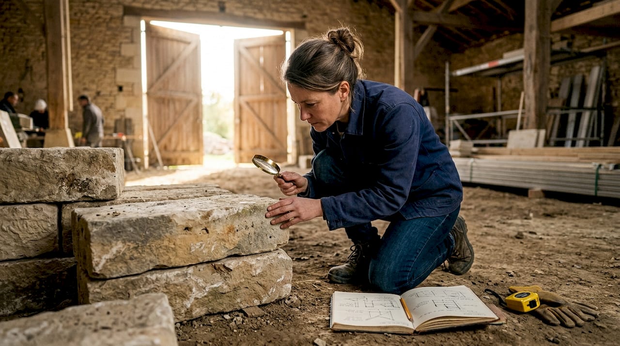 Matériaux authentiques : conseils clés pour réussir votre projet 1 L’architecte examine sur le chantier des blocs de pierre récupérés afin d’en vérifier la qualité et l’état.