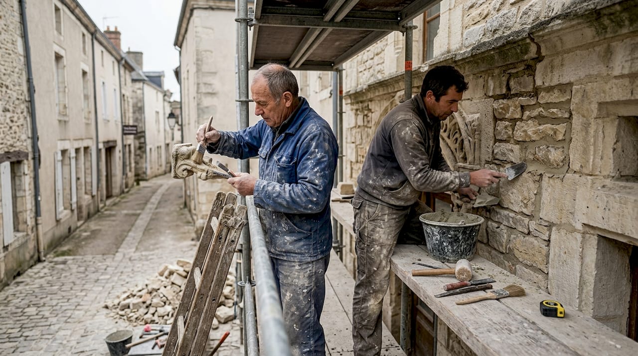 Comprendre les matériaux nobles en restauration patrimoniale 2 Des artisans s'affairent à remettre en état la façade en pierre naturelle.