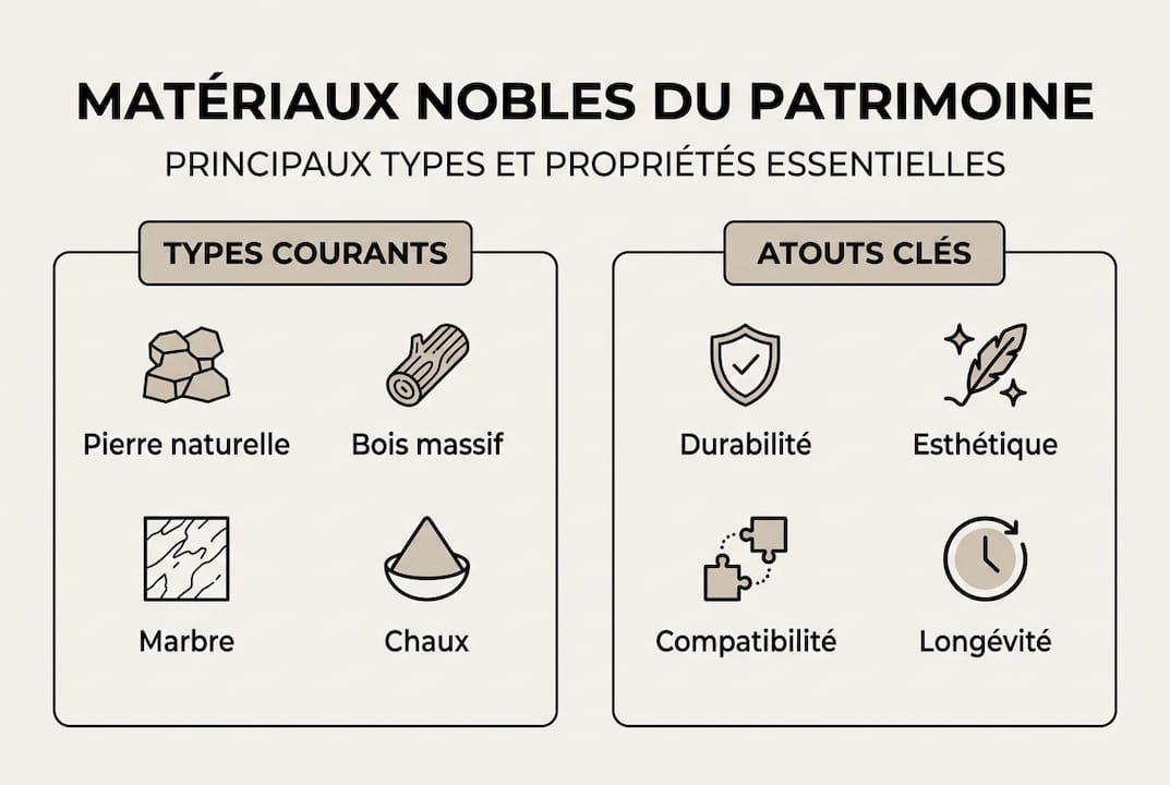 Comprendre les matériaux nobles en restauration patrimoniale 1 Infographie : les matériaux d’exception et leurs avantages