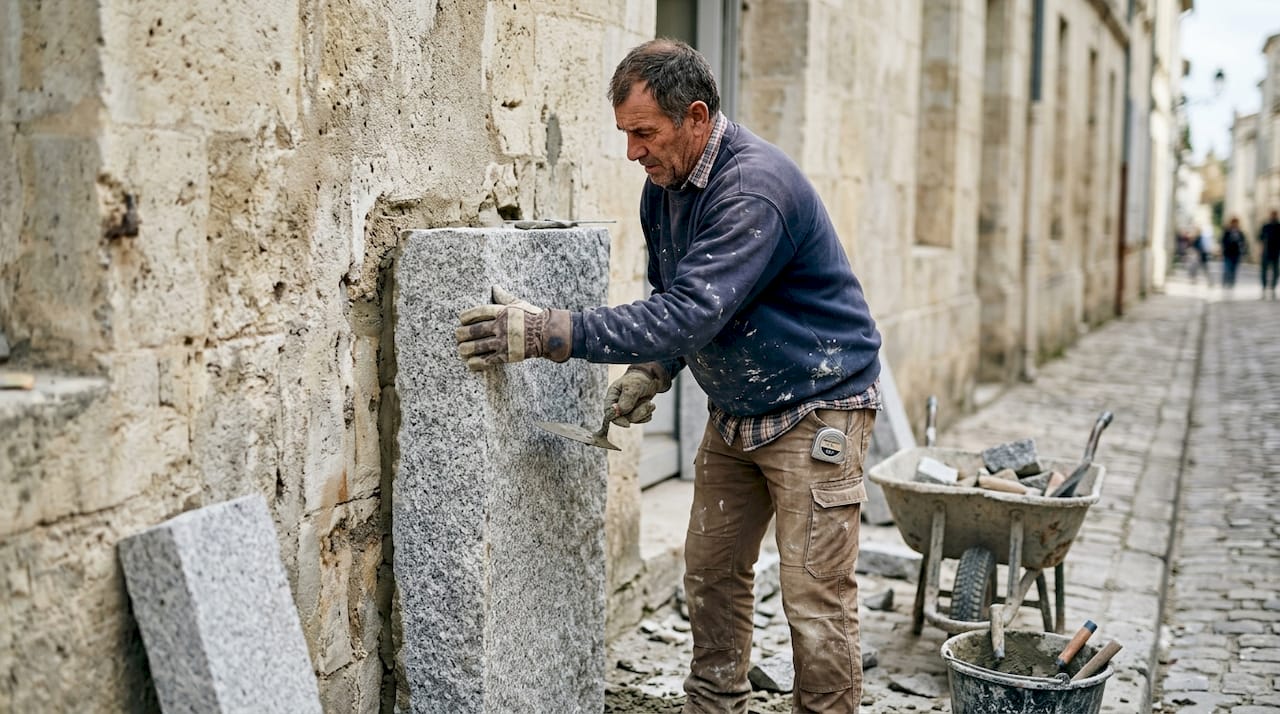 Revêtement en pierre naturelle : guide pour projets haut de gamme 1 Un maçon pose une façade extérieure en granit, reconnue pour sa solidité et sa longévité.