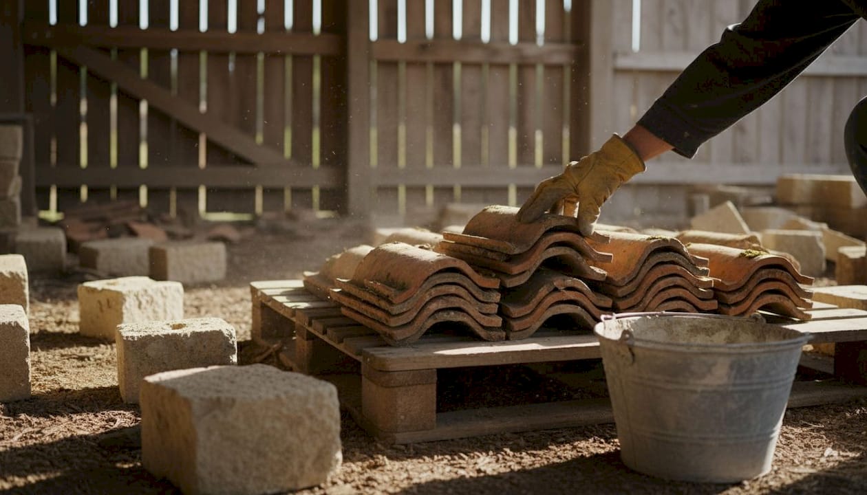 Restaurer avec des matériaux d'origine : 60% de subventions 2 Le geste précis de l’artisan qui sélectionne une tuile patinée par le temps.