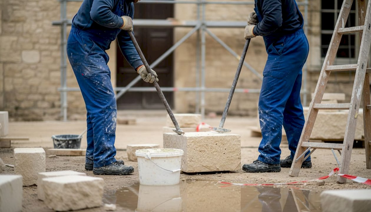 Sur un chantier en Gironde, des ouvriers s’affairent à la pose de pierre naturelle.