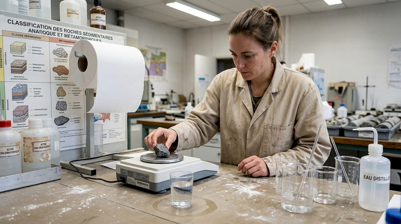Porosité de la pierre naturelle : guide pour vos projets 1 Un technicien contrôle la porosité d’un échantillon à l’aide d’une balance de laboratoire.