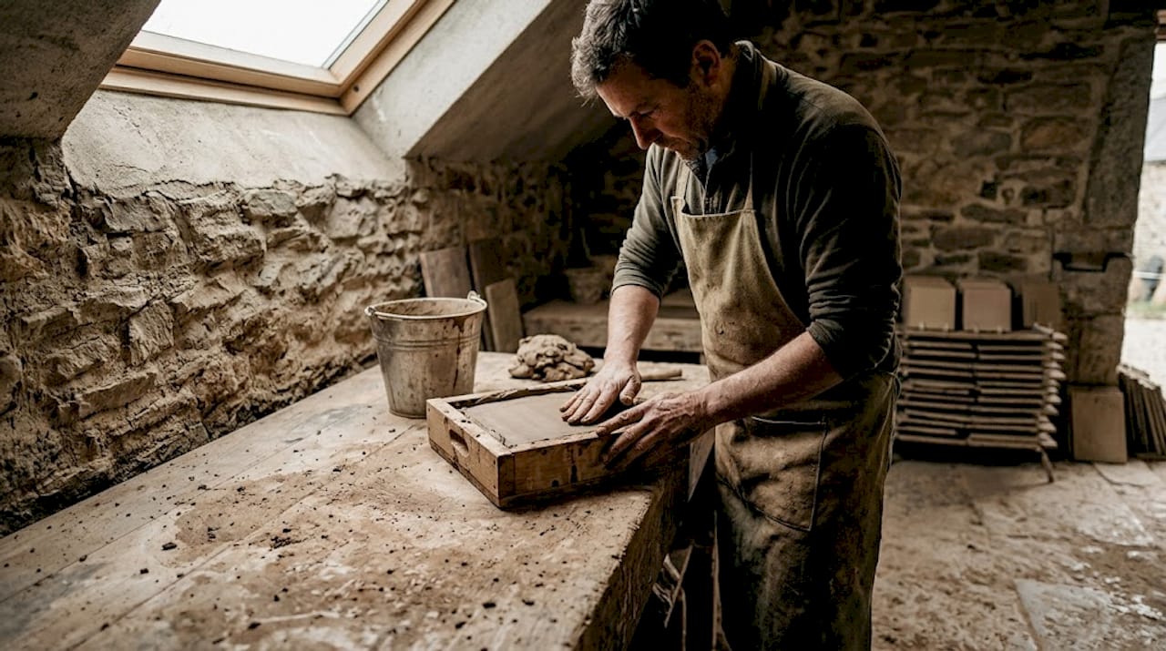 Un artisan façonne à la main un carreau en argile, lui donnant forme et caractère au fil de ses gestes précis.