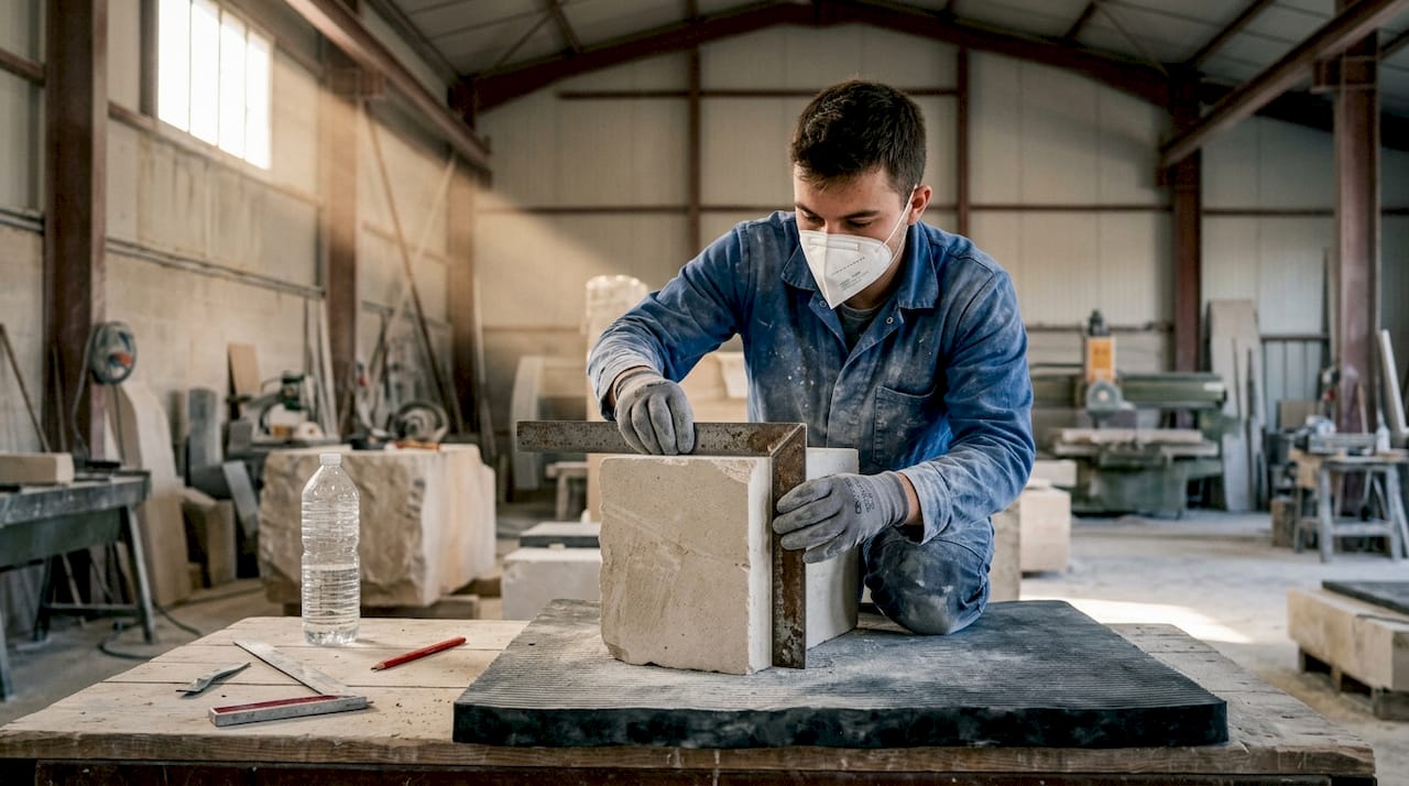 Un artisan taille un bloc de pierre à la main dans son atelier.