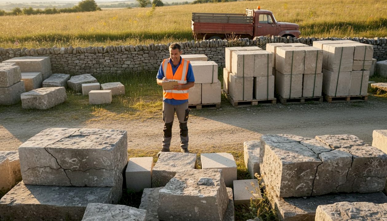 Bien choisir la pierre en rénovation patrimoniale 1 Le chef de chantier inspecte les blocs de calcaire taillés sur le site d’extraction.