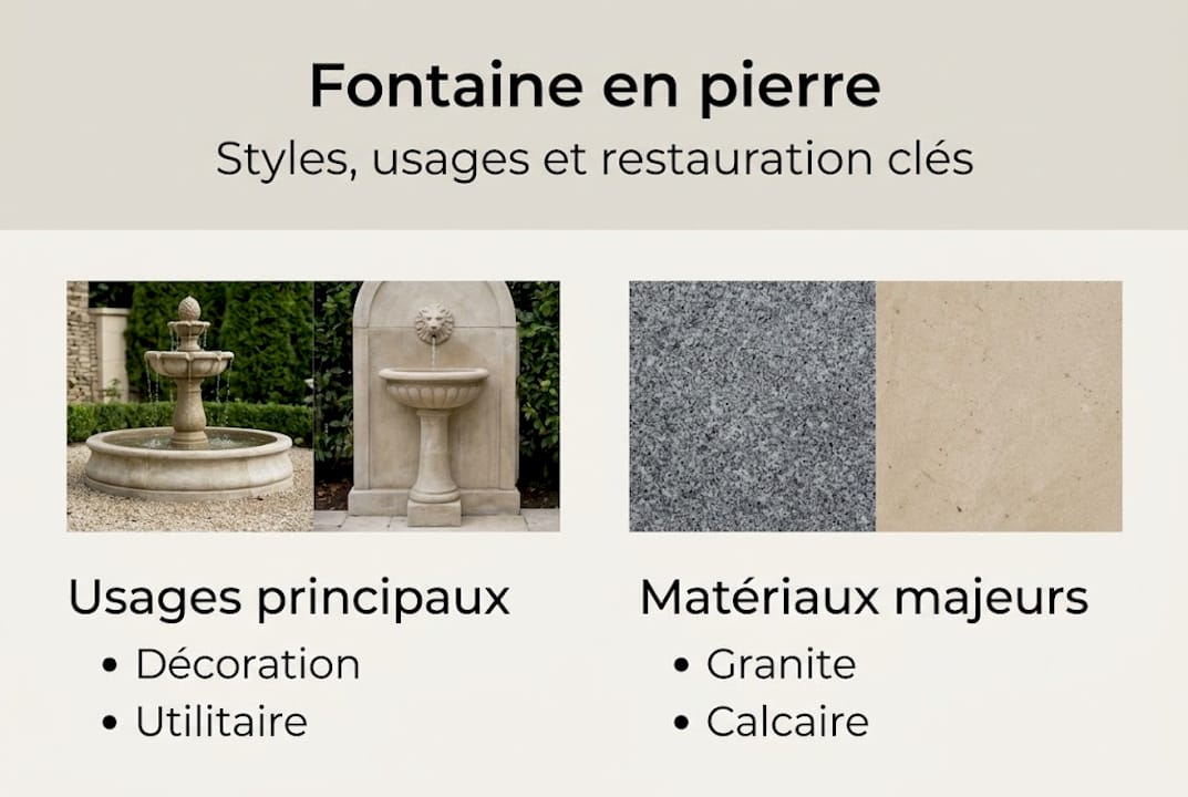 Découvrez en un coup d’œil les différents usages et types de pierres utilisés pour la création de fontaines grâce à notre infographie dédiée.