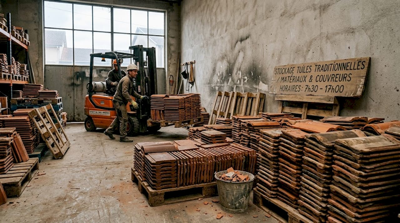 Des palettes chargées de tuiles canal entreposées dans un hangar