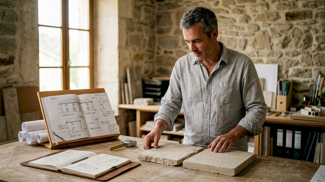 Un architecte examine et compare différents échantillons de pierre naturelle et de pierre reconstituée afin de choisir la solution la plus adaptée à son projet.