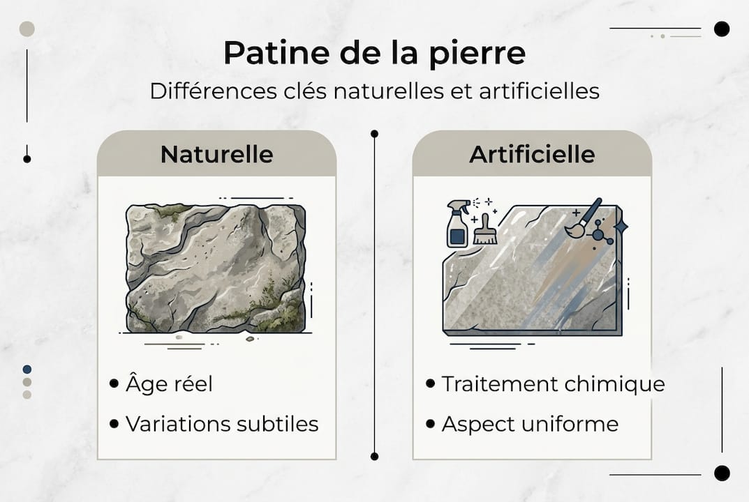Patine naturelle de la pierre : authenticité et valeur 2 Visuel mettant en lumière les différences entre une patine authentique et une patine créée de manière artificielle