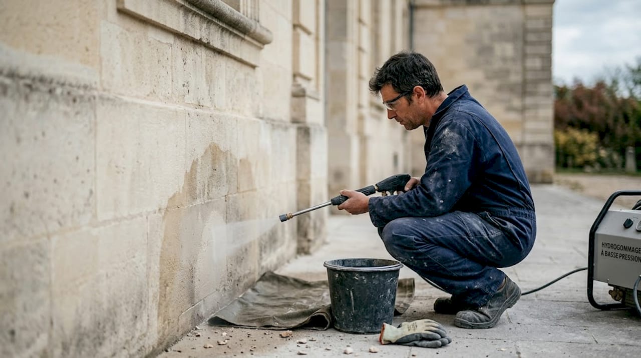Un professionnel en train de restaurer un mur en pierre grâce à la technique de l’hydrogommage.