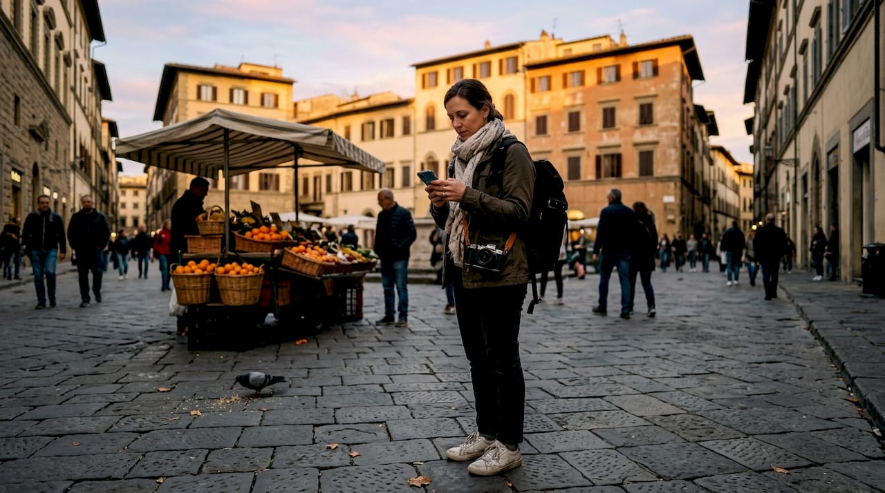 Woman timing sunset in Florence piazza