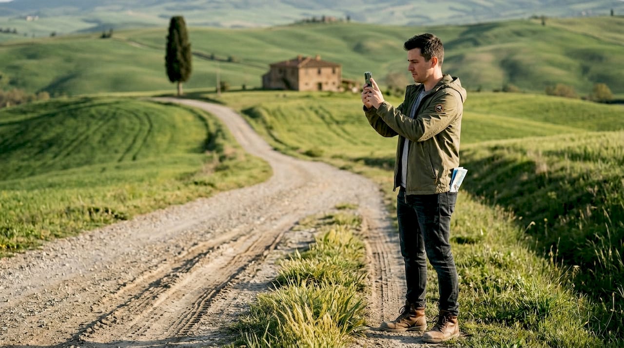 Traveler composing rule of thirds shot in Val d'Orcia