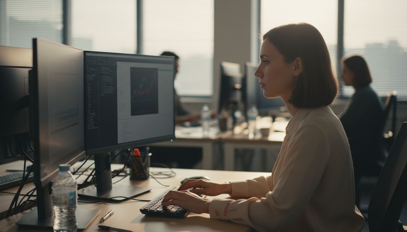 Un analyste travaille sur des données liées à l’intelligence artificielle en open space.