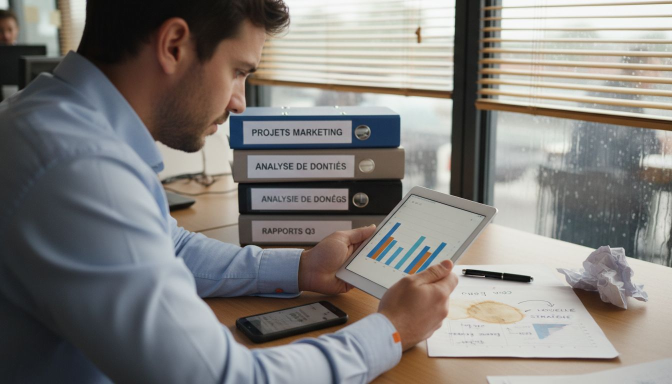 Le directeur marketing étudie les données sur sa tablette.