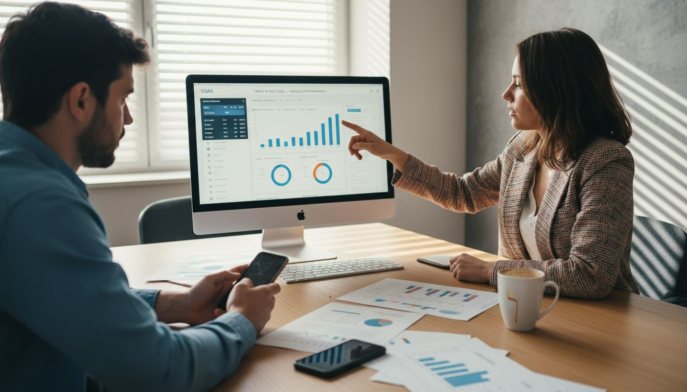 Des membres d’une équipe échangent leurs idées devant un tableau présentant une solution SaaS.