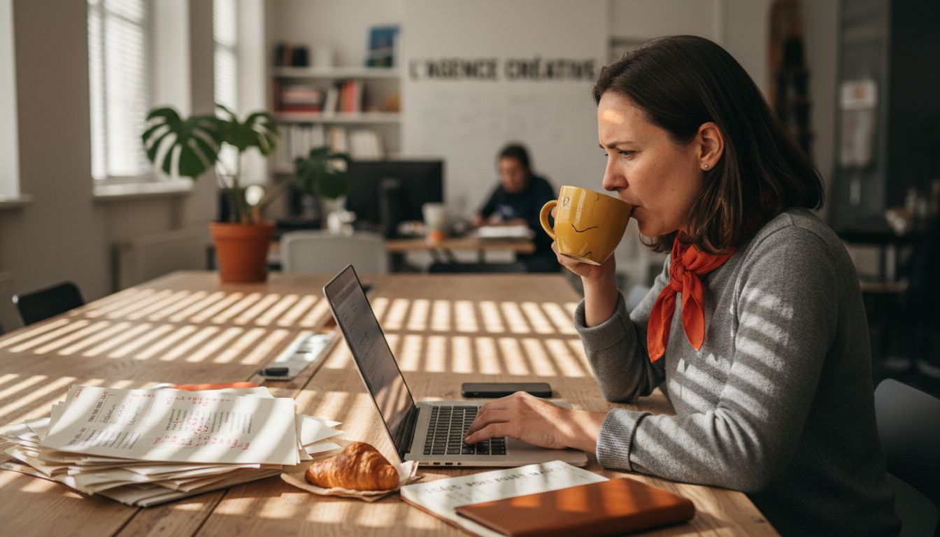 Rédacteur concentré, entouré de feuilles et d’ordinateurs, en pleine création au cœur d’un bureau animé.