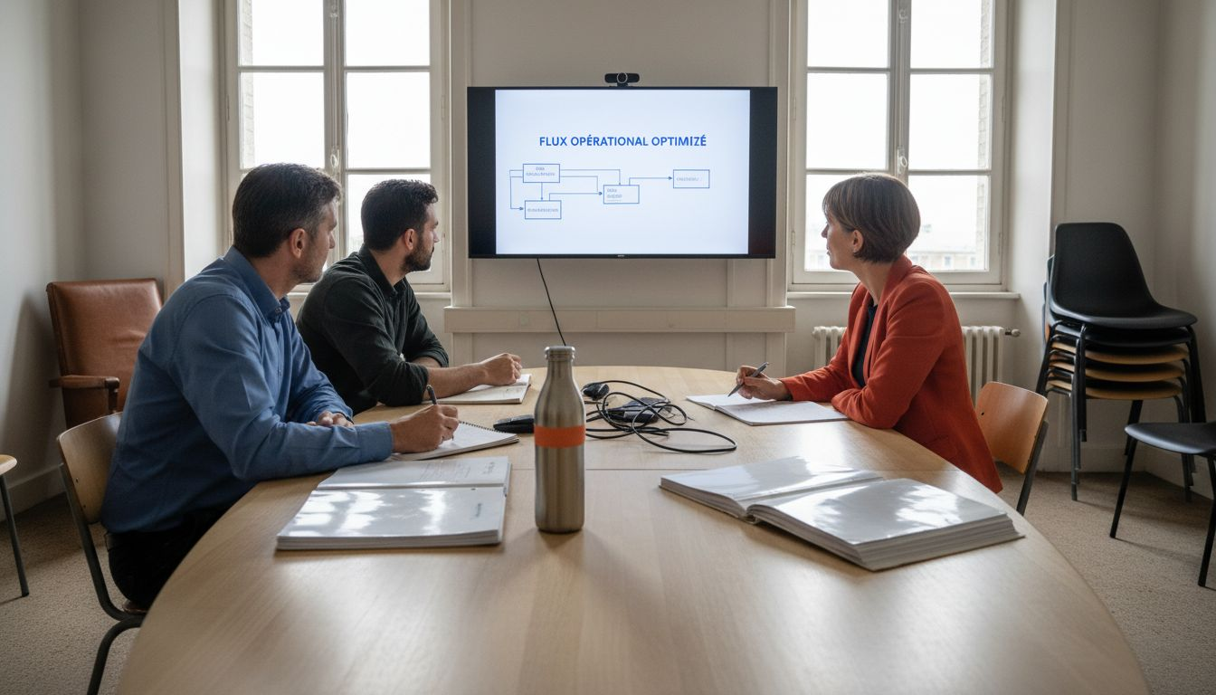 Des collaborateurs d’une PME échangent sur la mise en place de la transformation digitale lors d’une réunion de travail.