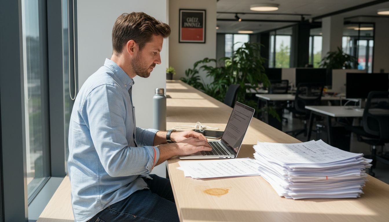 Un marketeur utilise des outils d’intelligence artificielle pour optimiser son travail au bureau.