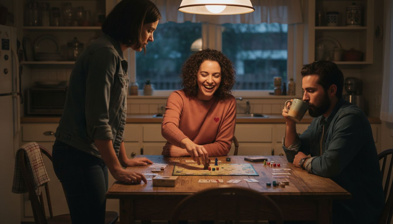 Friends laughing over board game at kitchen table