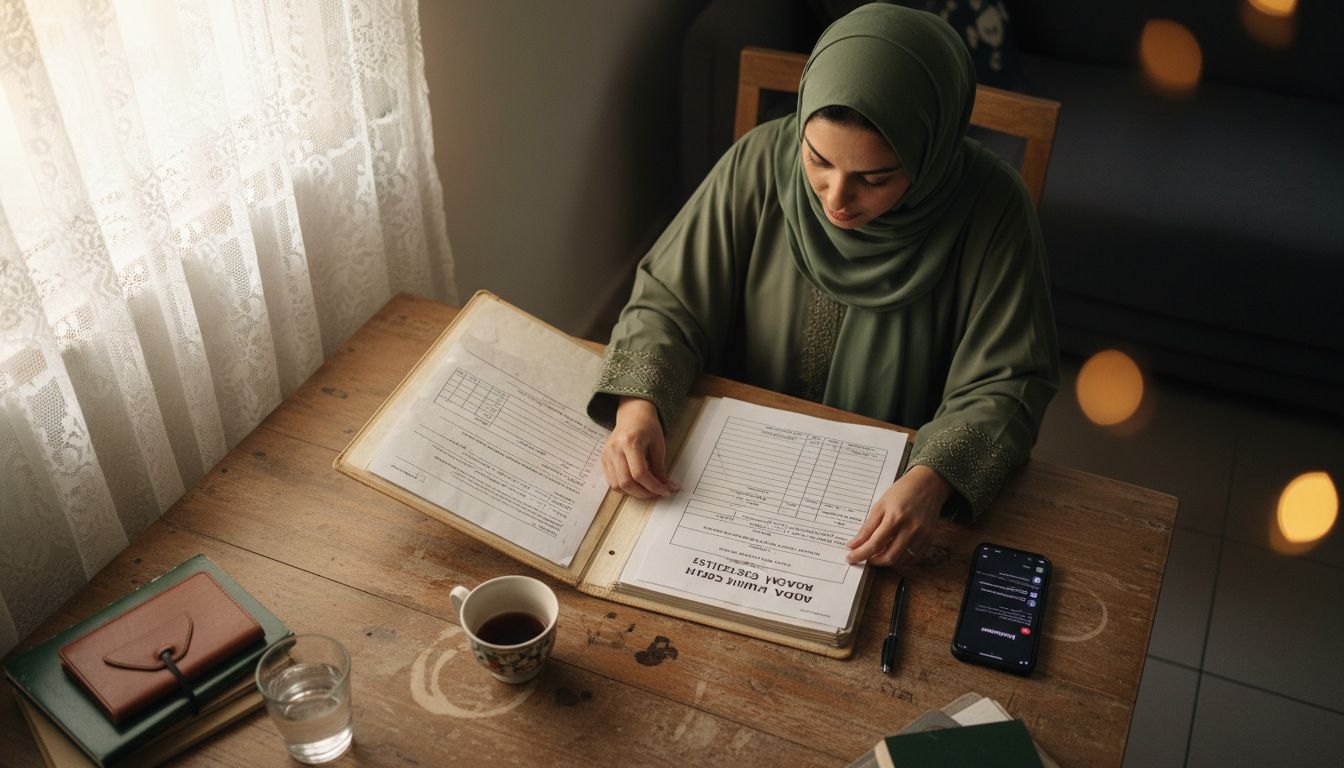 Woman organizing Badal Umrah documentation