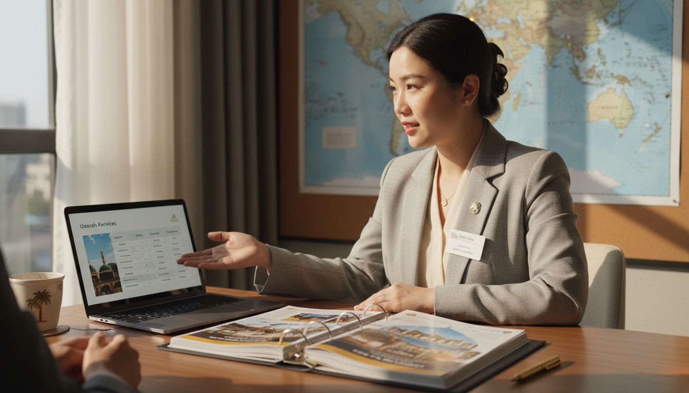 Travel agent showing Umrah package comparison