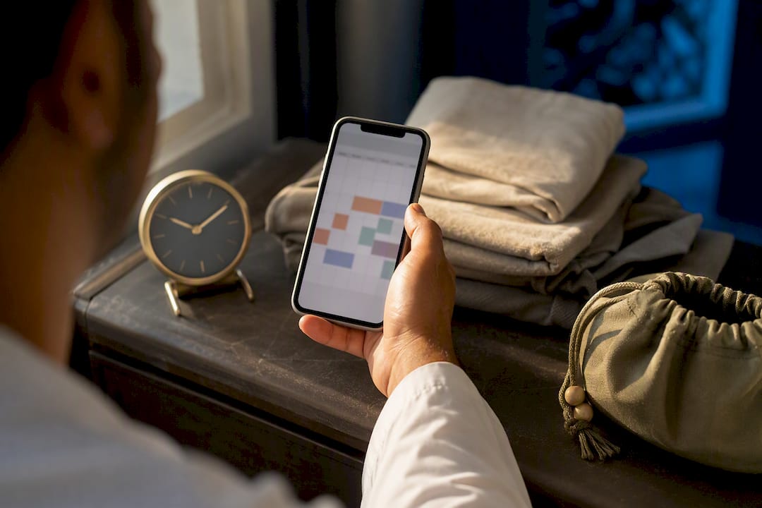 Traveler checking Umrah dates on phone
