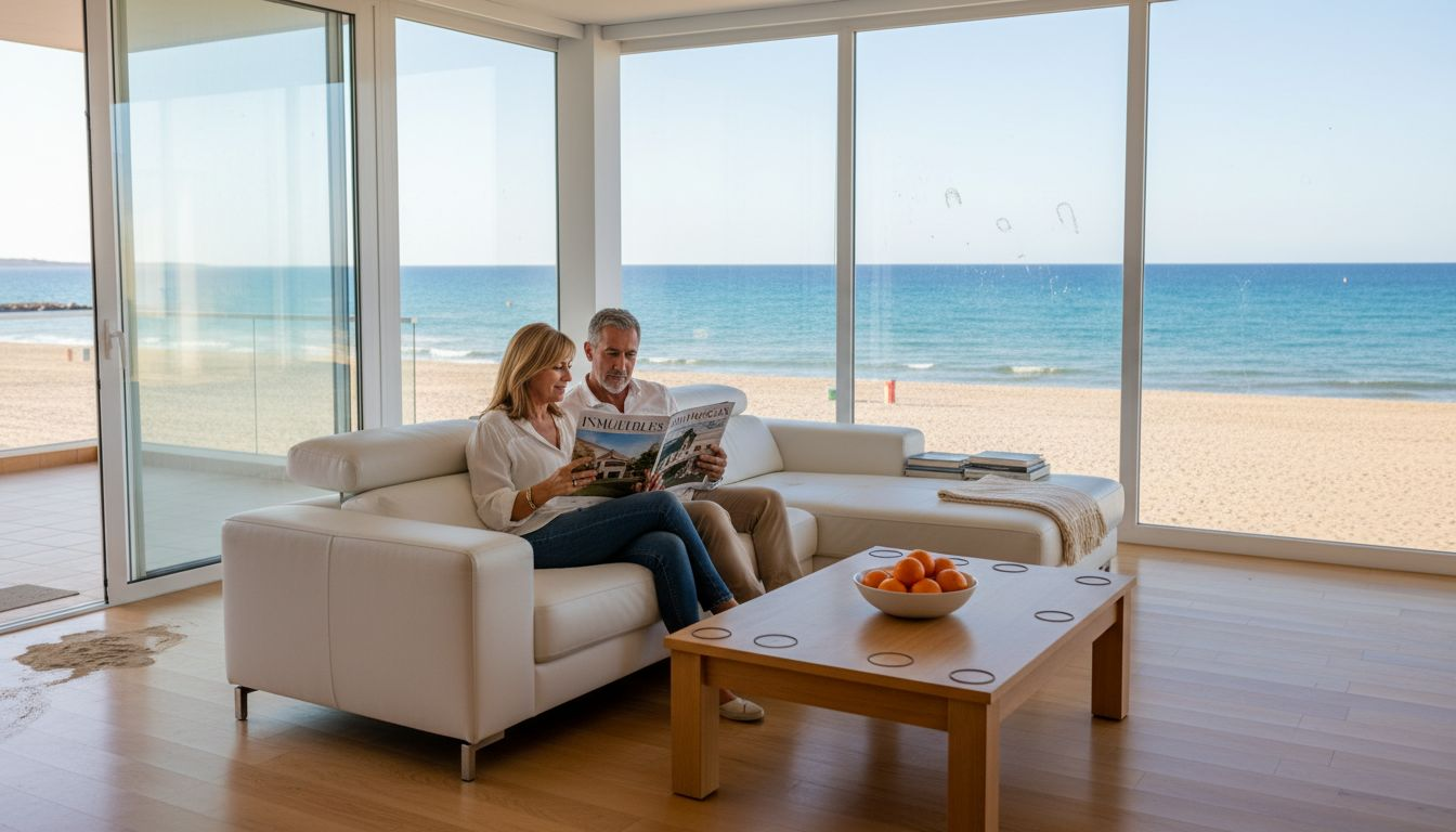Una pareja hojea una revista sentada en el suelo, disfrutando de una increíble vista al mar.