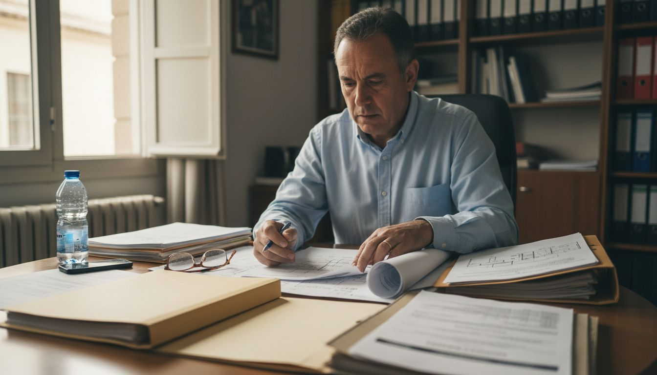 Inspector municipal revisando permisos y planos de construcción
