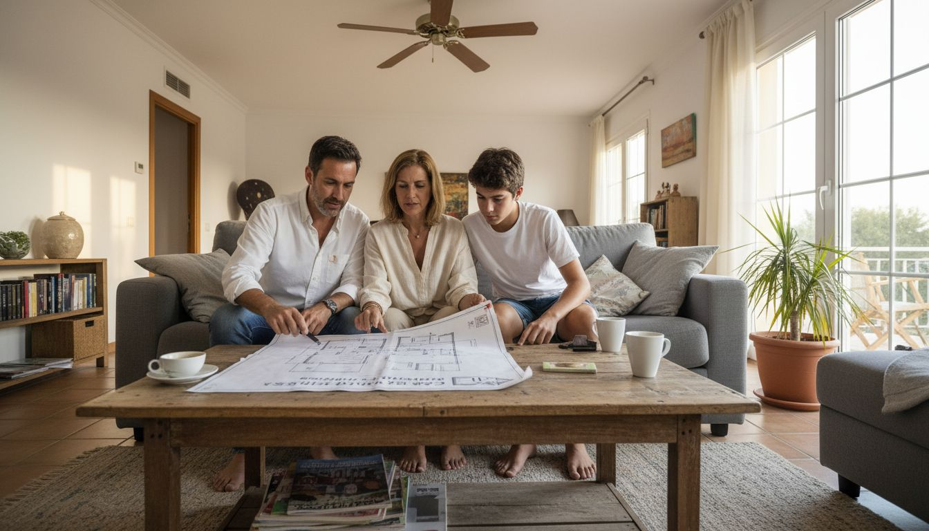 Una familia analiza los planos de su casa mientras se reúne en el salón.