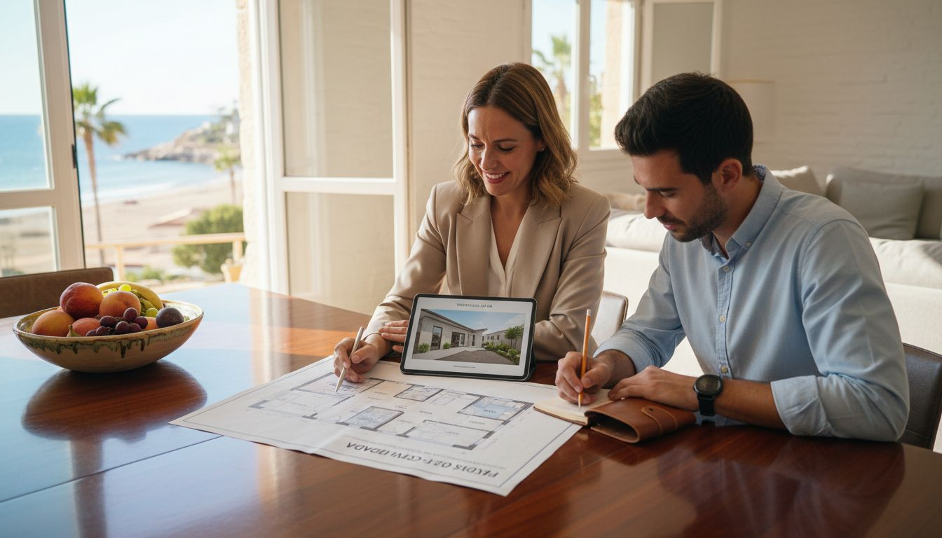 El agente inmobiliario y el cliente conversan sobre las características de la vivienda.