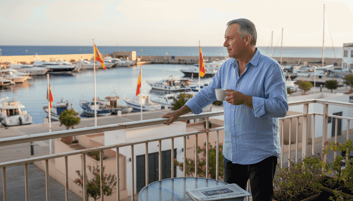 Un hombre disfruta de las vistas al puerto desde su balcón.