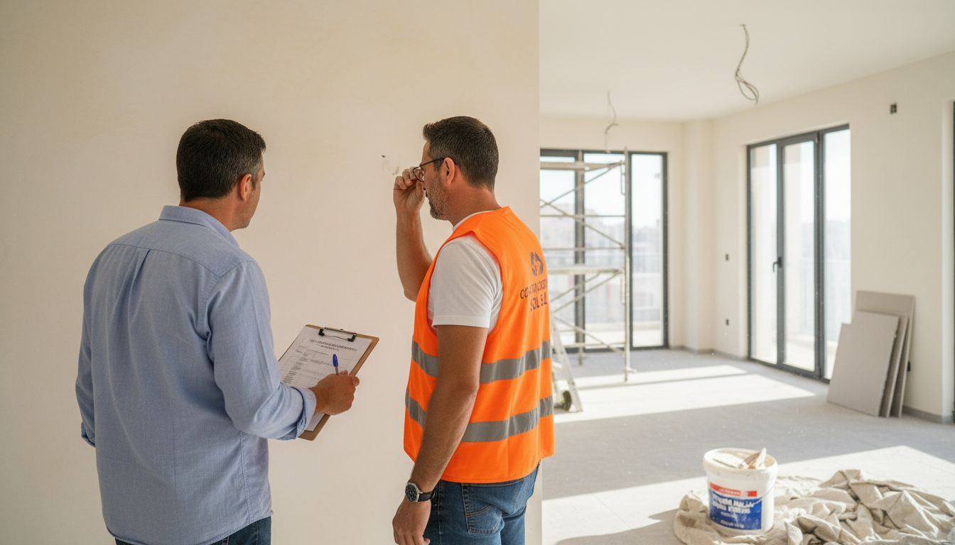 Supervisores revisando las obras de un nuevo edificio de apartamentos