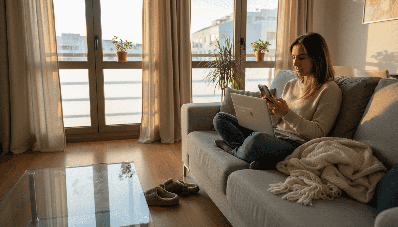 Mujer disfrutando del salón de un apartamento bioclimático en Cambrils