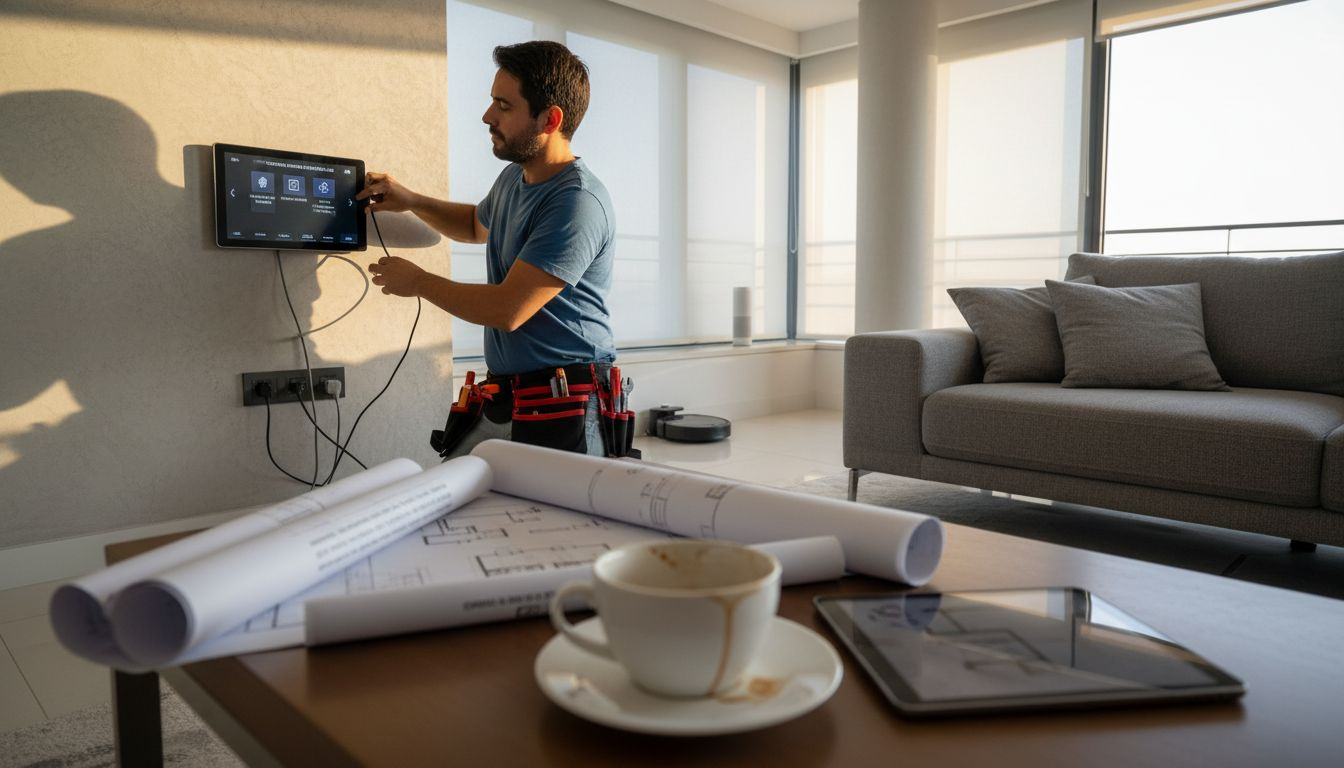 Un especialista en domótica realiza la instalación de un panel inteligente en una vivienda de alto standing.