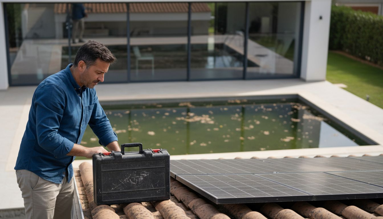 Especialista supervisando sistemas de energía renovable en una vivienda