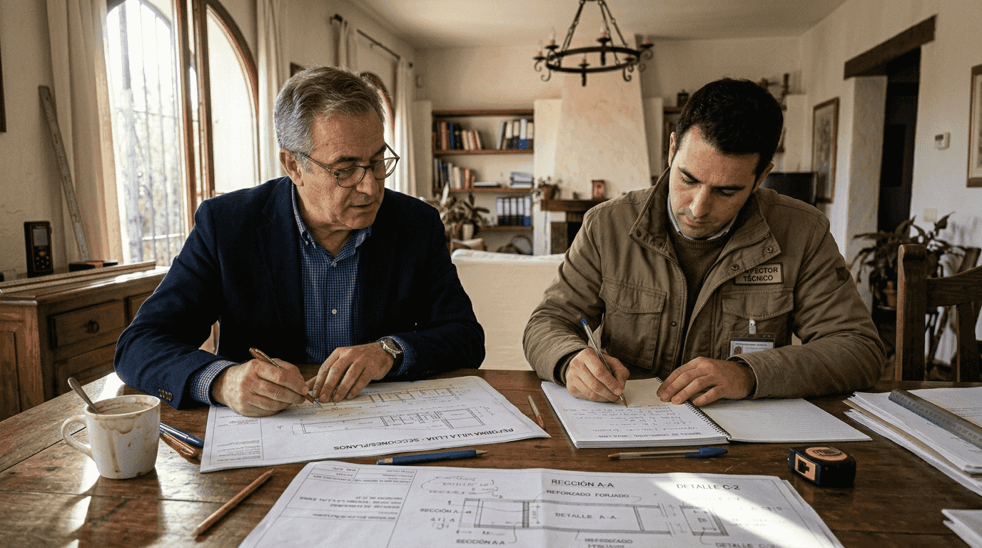 El arquitecto inspecciona el chalet para realizar una valoración.
