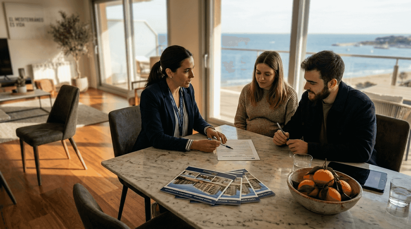 Un agente inmobiliario se reúne con una pareja en un exclusivo apartamento para mostrarles las instalaciones y hablar sobre las opciones de compra.