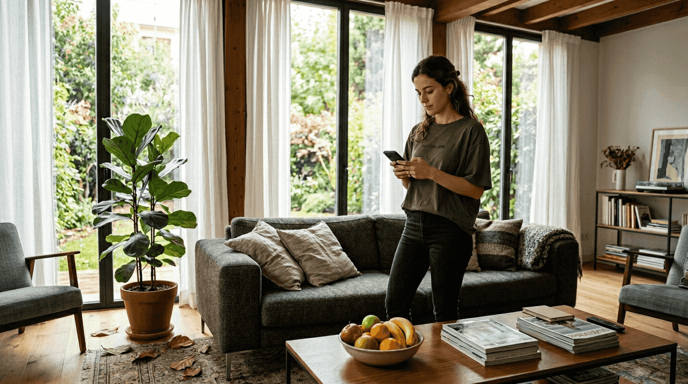 Salón inteligente con una mujer disfrutando de su día a día y detalles que reflejan la vida cotidiana