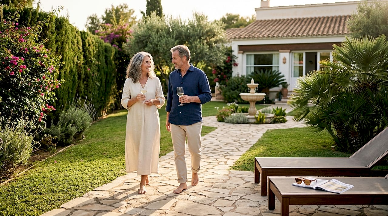 Una pareja disfruta de la tranquilidad y la intimidad de su exclusivo jardín en una casa de lujo.