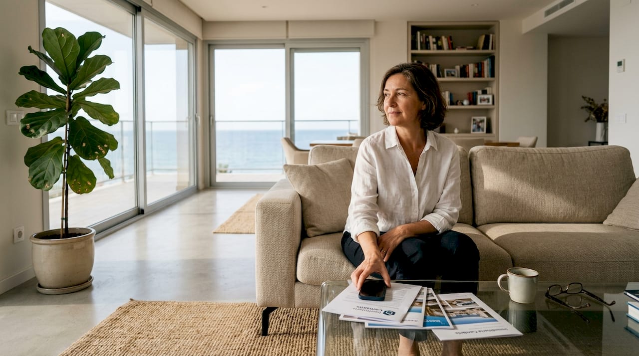 Mujer disfrutando de un elegante salón en una vivienda de lujo