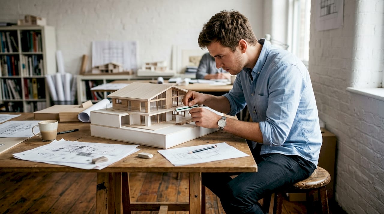 Arquitecto diseñando una maqueta de una casa moderna tipo chalet